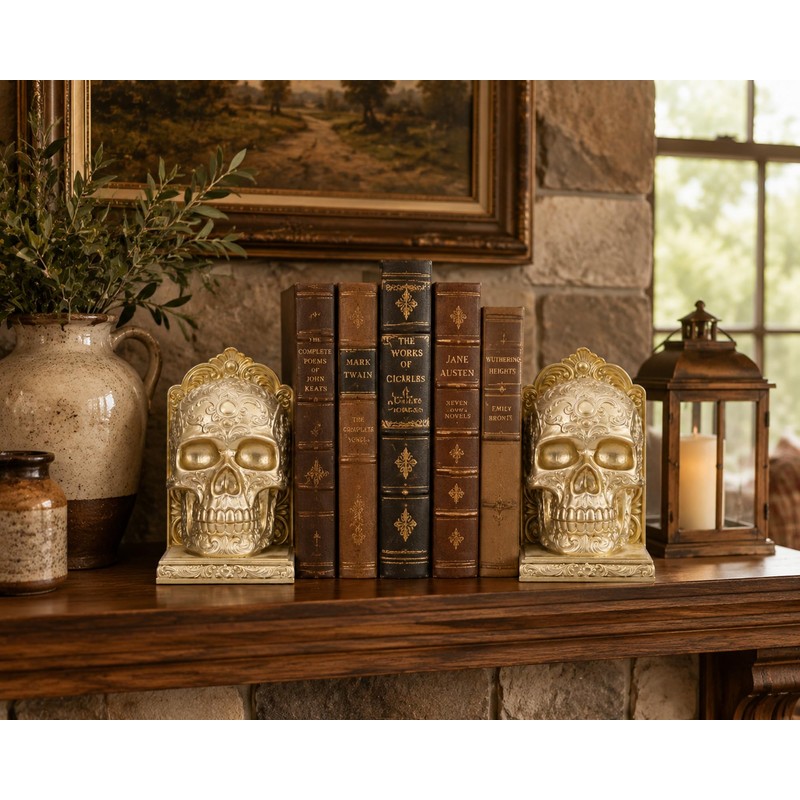 7 Inch Gold Skull Decorative Bookends Pair