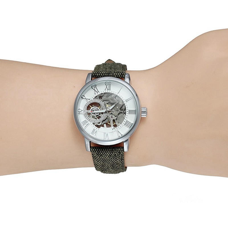 FORSINING Hollow Out Mechanical Waterproof Cloth Strap Male Wristwatch (White)