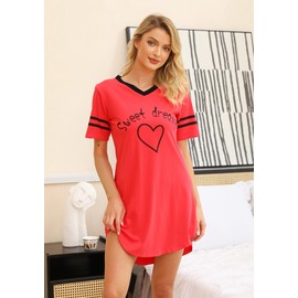 Litherday Nachthemd Damen Nachtwäsche Baumwolle Loungewear Nachtkleid Kurz Negligee Streifen Kurze Ärmel Sleepshirt Kurzarm V-Ausschnitt Sleepwear Bequeme Freizeitkleid, Rot, S