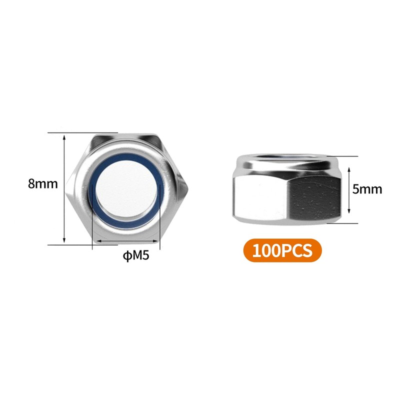 Pack of 100 M5 Nuts, Self-Locking Nuts, M5 Nuts Stainless