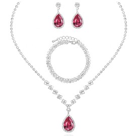 Elegant Silver Bridal Necklace Earrings Bracelet Crystal Wedding Jewelry Sets for Brides Bridesmaids Prom Formal Costume Accessories for Women (Hot pink)