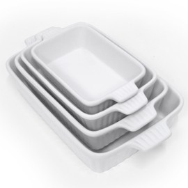 Emeril Lagasse Casserole Dishes for Oven, 4pc Ceramic Bakeware Set, Rectangular Deep Lasagna Pans with Handles, White