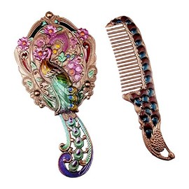 HEALLILY 1 Set Antique Mirror Comb Set Vintage Metal Peacock Handheld Makeup Mirror Travel Dressing Table Princess Mirror Cosmetic Mirror Vanity Mirror Set with Comb for Women Salon