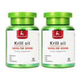 2 Bottles Antarctic Krill Oil 1000 mg with Omega-3s EPA, DHA, Astaxanthin and Phospholipids 60 Softgels Supplement No Fishy Aftertaste for Joint, Heart, Brain and Immunity - 120 Softgels