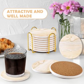 GOH DODD Coasters for Drinks Set of 8, Absorbent Marble Style Ceramic Coaster Set Cup Coasters Tabletop Protection Home Decor with Metal Holder for Coffee Table, Beige, Round, 4 Inches