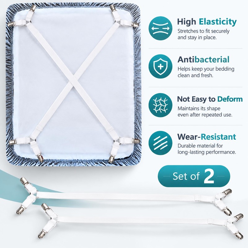 Premium Sheet Straps, Adjustable Crisscross Fitted Sheet Clips (2, White)