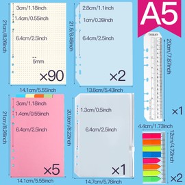 FANDAMEI A5 Paper Dotted Refill Papers Set, 6 Holes A5 Dotted Refillable Note Paper 90 Sheets, 7 Pieces Dividers A5, 320 Pieces Sticky Notes, 1 Piece Envelope Bag, 20 cm Ruler A5