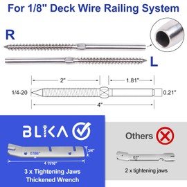 BLIKA 200 Pack T316 Stainless Steel Right&Left Handed Thread Swage Lag Screws for Wood Posts of 1/8" Deck Cable Railing Kit, Wire Railing Kit for Decks with Wrench, DIY Wood Baluster