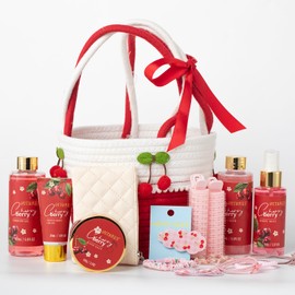Hitrees Friendship Gifts Women, Cherry & Berry Spa Gift Set Tote Bag, Shower Gel, Hand & Body Lotion, Birthday for Best Friend Woman, Mom, Mothers Day