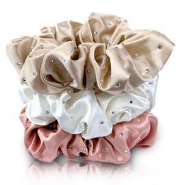 Celestial Silk Mulberry Silk Scrunchies for Hair (Rose Gold, Ivory, Taupe with Rhinestones)