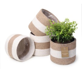 Eco Living Jute Planter Basket Sustainable Woven Rope Covers for Decorating Indoor/Outdoor Plants Pots 6.5x6.5x6 Inches Ideal Size for 6" Planter-Multi-Purpose Storage Set of 4 White & Natural Jute