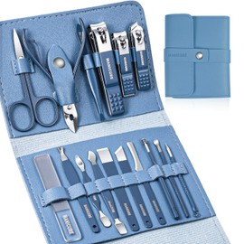 Manicure Set, Professional Nail Clippers Kit, 16 pcs Stainless Steel Nail Care Tools Grooming Kit with Luxurious Travel Leather Case for Thick Nails Men Women Gift (Blue)