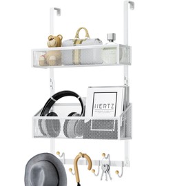 AnikSunny Over The Door Hooks Organizer：Hanging Over The Door Shelf Hanger - Heavy Duty Door Hanger Towel Rack with 7 Coat Hooks and 2 Mesh Baskets Waterproof for Bathroom Bedroom and Kitchen（White）