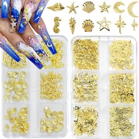 Luxury Gold Nail Charms Kit, 12 Styles Sea & Celestial 3D Nail Art Decorations, Shiny Metal Studs for Nail Design, Perfect for Summer Beach Manicure & DIY Salon Quality Nail Art