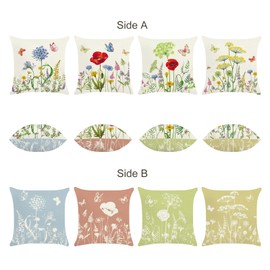Bonhause Flower Cushion Covers 45 x 45 cm Both Sides Garden Floral Butterfly Decorative Throw Pillow Covers Polyester Linen Pillowcase for Sofa Bed Patio Outdoor Decor Set of 4