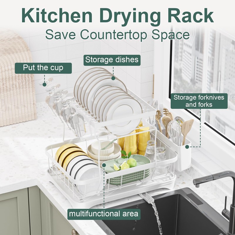 LIYI Dish Drying Rack,Large Dish Rack for Kitchen Counter,2-Tier Dish