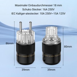 Brollitest High-End HiFi Schuko Plug, Schuko Plug, Rhodium-Plated Contacts, Power Plug, Transparent + IEC C15 Coupling IEC C15 Coupling (Transparent Rhodium-Plated)