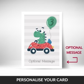 Dinosaur 3rd Birthday Card as a Boys Birthday Card for 3 Year Old on 3rd Bday - Son Grandson Nephew Brother, Dinosaur Driving Car, 3