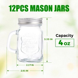 Jarsoph 12 Pack Glass Mason Jar 4oz with Handle & Lids, Wide Mouth Glass Container for Meal Prep, Jam, Honey, Sauces Wedding Favors, Shower Favors, DIY Spice Jars