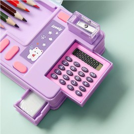 Pop Up Multifunction Pencil Case, Cute Cartoon Pen Box Organizer Stationery with Calculators, Sharpener, Schedule, School Supplies, Best Birthday Gifts (Purple)