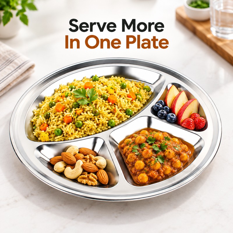 4-Grid Stainless Steel Serving Plate 32cm – Polished Divided Dinner
