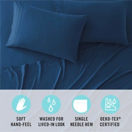 MARTHA STEWART Ultra Soft Brushed and Washed Microfiber 4 Piece Sheet Set, Easy Care, Comfy Bed Sheets with Deep Pocket up to 16", 1 Flat and 1 Fitted Sheet, 2 King Pillowcases, King Size, Navy Blue