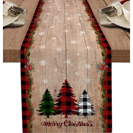 BARTHKIT Christmas Table Runner, Buffalo Plaid Farm Xmas Tree Snowflake Table Runner, Seasonal Winter Holiday Dining Table Decorations for Indoor Outdoor Home Party Decor
