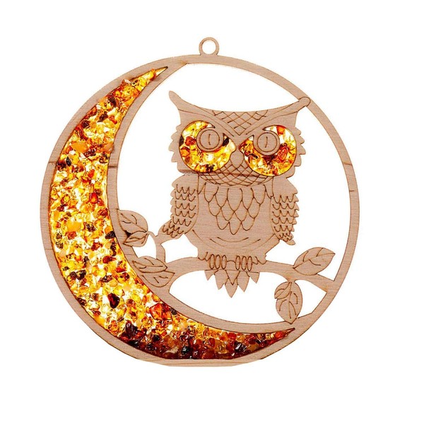 Raduly Suncatcher Amber in Birch Wood Owl and Moon Window