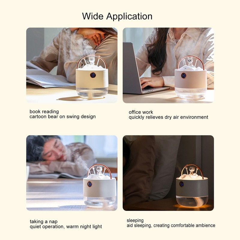 Mini Humidifier 600ml 40ml/H Dual Mode Bear On Swing Night