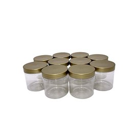 Truenova- Set of 10 x 250ml Small Round Plastic Storage Jars Kitchen/Garage Organisation Gold Flat Lids