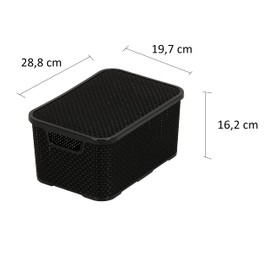 BranQ - Home essential Basket with Lid in Rattan Design, Set of 2, Size M, 10 L, BPA-Free Plastic PP, Black, 28.8 x 19.7 x 16.2 cm, Pack of 2