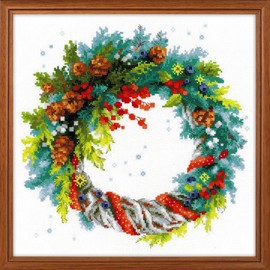Riolis 1603 Wreath with 30 x 0.1 cm Cotton Blue Spruce – Cross Stitch Kit, Multi-Color
