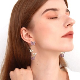 Peasimy Purple Butterfly Tassel Stud Earrings for Women Long Butterfly Crystal Rhinestone Drop Dangle Earrings Wedding Jewelry Gifts (Purple)
