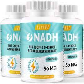 Azaroe NADH 50mg, Hochdosiert Zusammengesetzte Formel mit Coenzyme Q10, ATP-Produktion, 60 Kapseln (3er Pack)