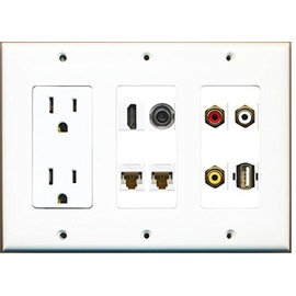 RiteAV - (3 Gang 15A Power Outlet HDMI 2 Cat6 Composite Video 3.5mm USB Wall Plate
