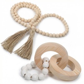 2Pcs Wood Knot Link Chain & Bead Garland Set, Natural Wooden Farmhouse Table Decor for Boho Country Home, Coffee Bar Tray Centerpiece (Classic Colors)