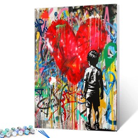 Tucocoo Graffiti Red Heart Paint by Number for Adults, Colorful Easy DIY Oil Painting Kits on Canvas with Brushes and Acrylic Pigment, Banksy Little Boy Picture for Home Decor 16x20 inch (Frameless)