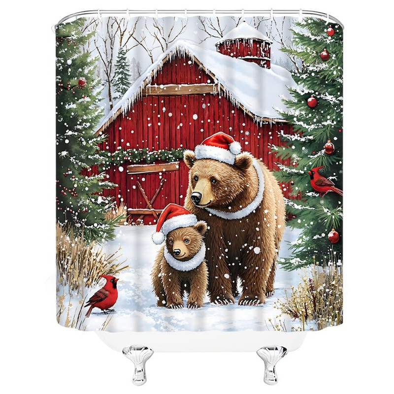 Winter Christmas Bear Shower Curtain, Rustic Cabin Wildlife, 70 x