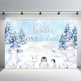 MEHOFOND 7x5ft Winter Onederland Backdrop Boys 1st One Birthday Blue Photography Background Arctic Animals Pine Trees Snow Winter Wonderland Bday Party Banner Decorations Photo Booth Props