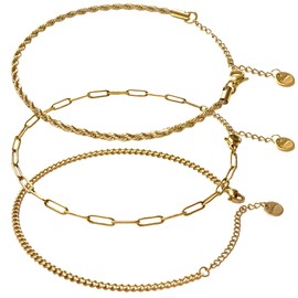 Ankle Bracelets for Women, 18k Gold Anklets Set Layered Cuban Paperclip Rope Link Chain Golden Anklet Adjustable Size, Summer Beach Waterproof Foot Jewelry for Women (3 PCS)