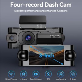 4 Channel Dash Camera for Cars,4K+1080P*3 Front and Rear Inside Dashcam, Left Right Dash Camera, Night Vision,Voice Control, 5G WiFi, G-Sensor, Parking Mode, Dash Cam with a Free 128GB Card