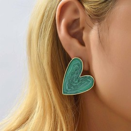 Yienate Big Heart Enamel Earrings Studs Fashion Geometric Love Heart Bridal Earrings Lightweight Green Heart Statement Earrings Wedding Prom Earrings Jewelry for Women and Girls