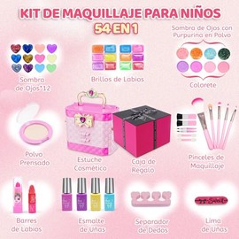 Maquillaje para Niñas, 54 Piezas Juguetes de Maquillaje Lavables con Caja de Música, Kit de Maquillaje de Simulación No Tóxico para Niñas de 4-12 Años