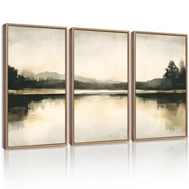 KUVIOKE Watercolor Abstract Mountain Lake Framed Wall Art Brown Landscape Nature Wilderness Painting Nordic Neutral Tan Illustration Decorative Home Decor 16x24in (Natural Framed)