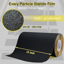 S&X Anti Slip Tape 12 Inch x 60 FT Roll Black Grit 60 Exceptional Traction Non-Slip Skid Grip Tape for Outdoor Stair Treads, Wooden Steps & Exterior Grips - Long-Lasting Tread Strips
