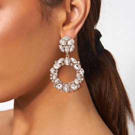 BriLove Wedding Bridal Bohemian Fashion Jewelry Sparkling Crystal Teardrop Marquise Circle Hoop Dangle Earrings for Women Party Prom Clear Gold-Tone