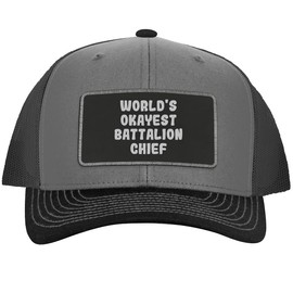 World's Okayest Battalion Chief - Leather Black Patch Engraved Trucker Hat, Grey-Steel, One Size