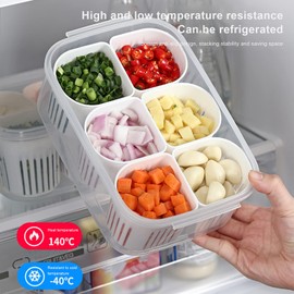 HanOBC Fridge Food Storage Containers with Lids Airtight Refrigerator Food Fresh Box with 6 Pcs Detachable Drain Basket Vegetables Sealed Keeper for Ginger Garlic Onion