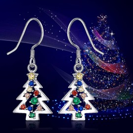 Christmas Tree Dangle Earrings Drop Star S925 Sterling Sliver for Women Colorful CZ Hypoallergenic Piercing Cute Fish Hook Festive Winter Holiday Jewelry Xmas Gift