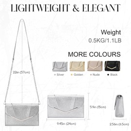 Vaschy Clutch Purse for Women,Fashion Envelope Evening Small Formal Handbag Foldover Crossbody Shoulder Bag for Wedding,Party Silver Glitter